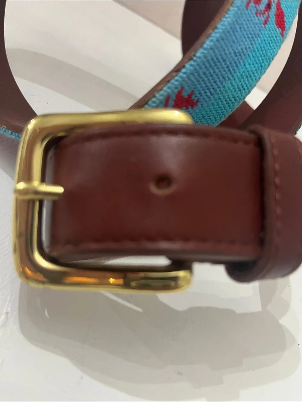Tucker Blair Handmade Blue Needlepoint Lobster Belt Brass Buckle Sz 38